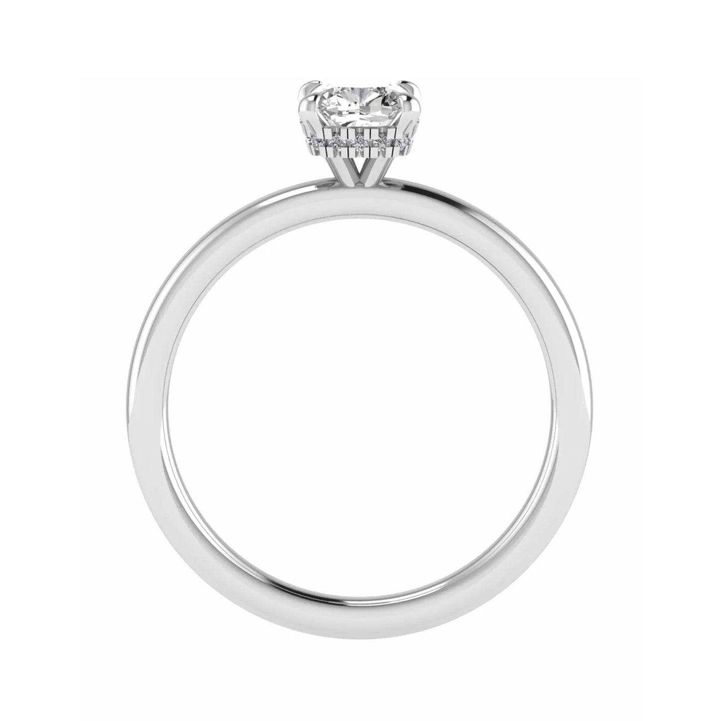 side shot of luxury cushion platinum hidden halo solitaire lab grown diamond engagement ring