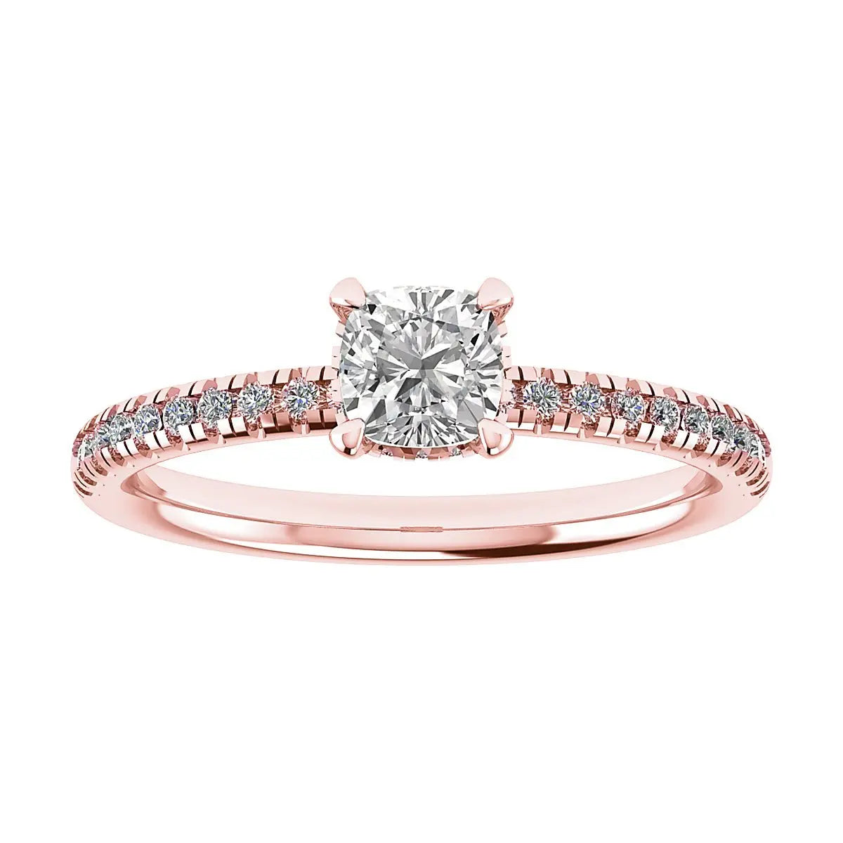 luxury cushion rose gold diamond set shoulders hidden halo lab grown diamond engagement ring