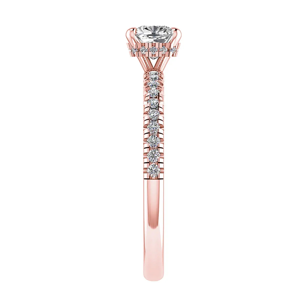 luxury cushion rose gold diamond set shoulders hidden halo lab grown diamond engagement ring white background