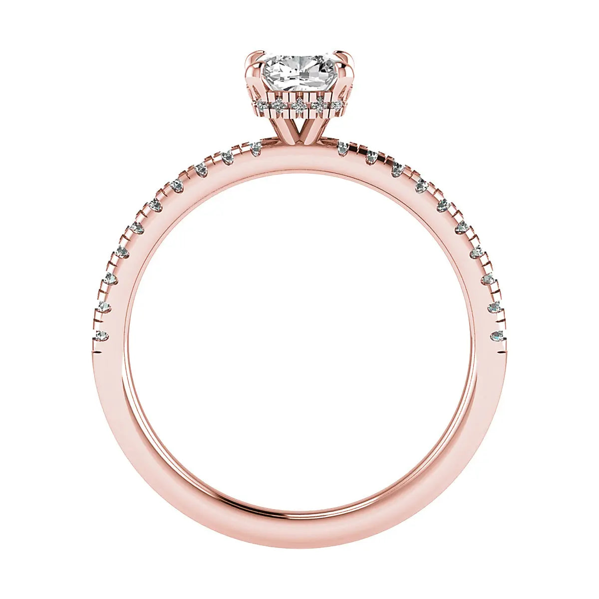 side image of luxury cushion rose gold diamond set shoulders hidden halo lab grown diamond engagement ring