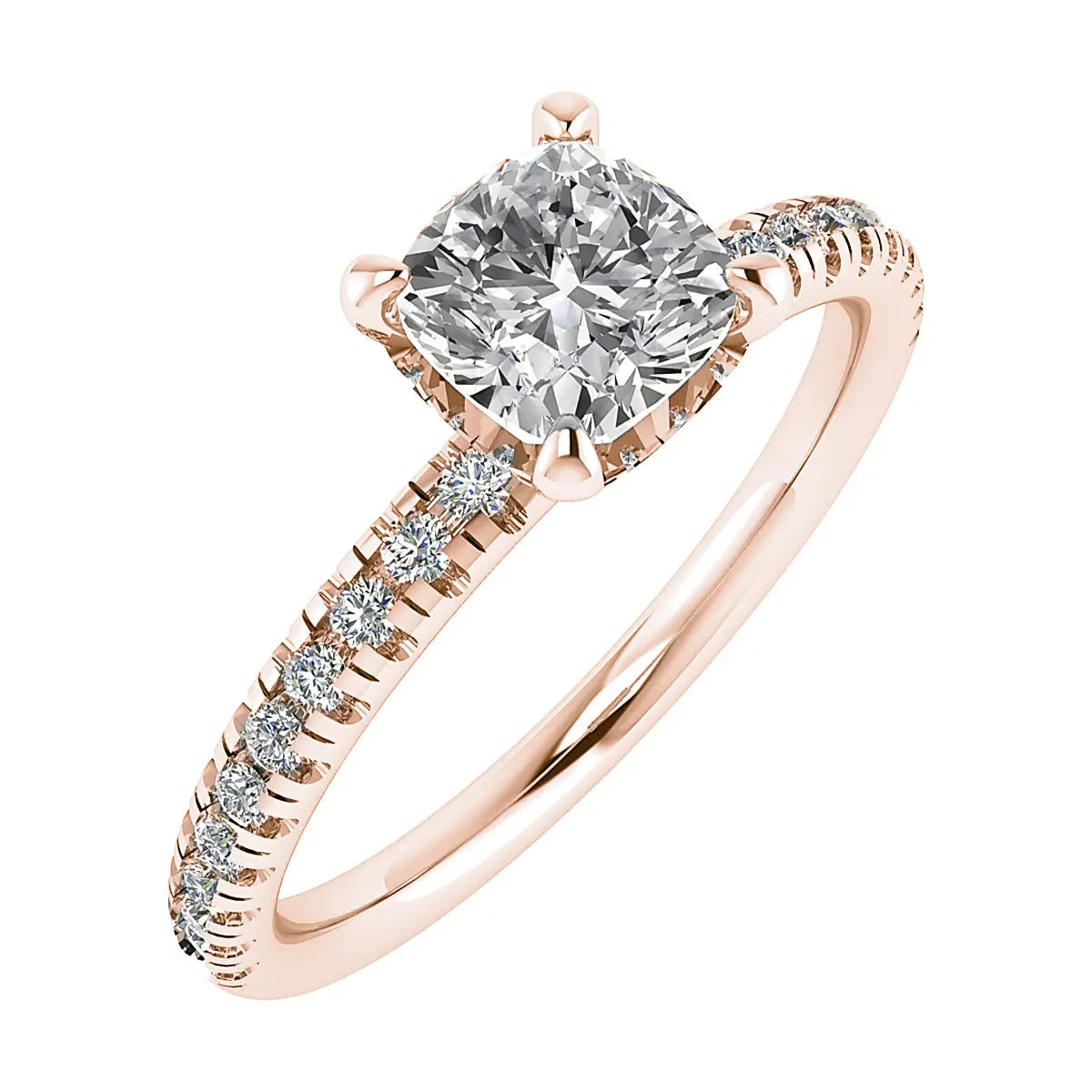frontal view luxury cushion rose gold diamond set shoulders hidden halo lab grown diamond engagement ring white background