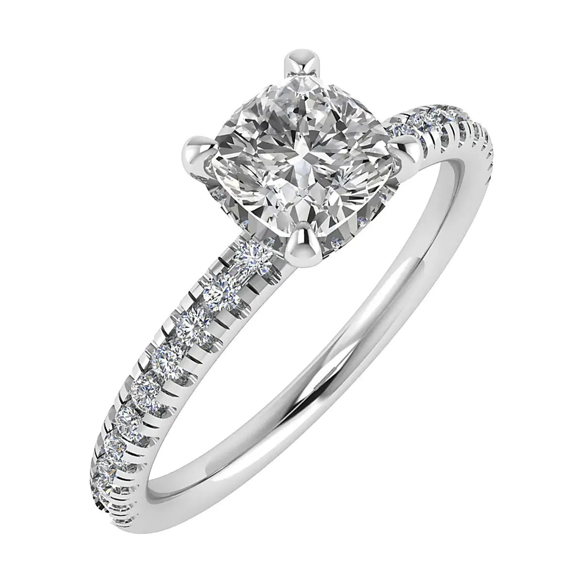 front image luxury cushion platinum diamond set shoulders hidden halo lab grown diamond engagement ring