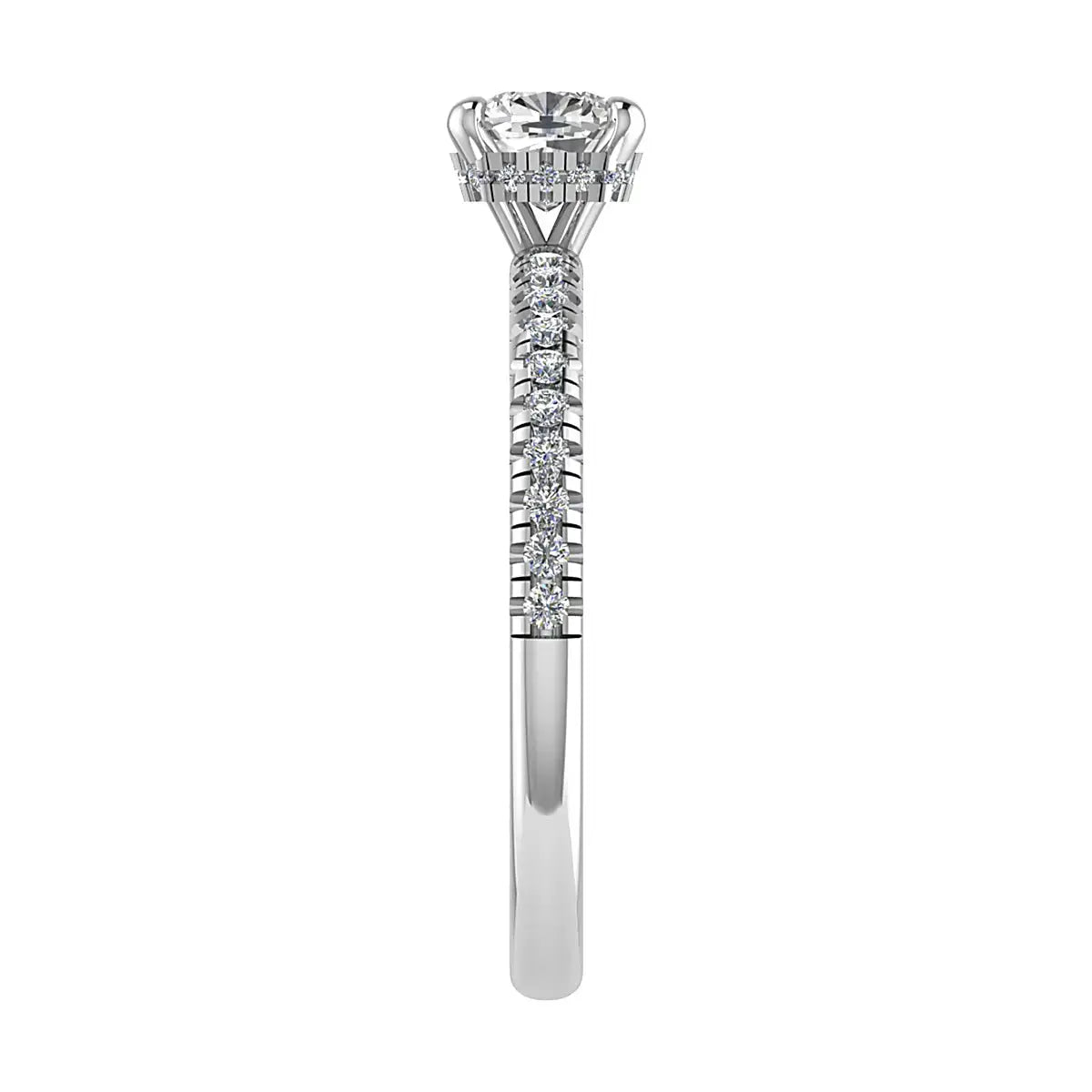 image of luxury cushion platinum diamond set shoulders hidden halo lab grown diamond engagement ring