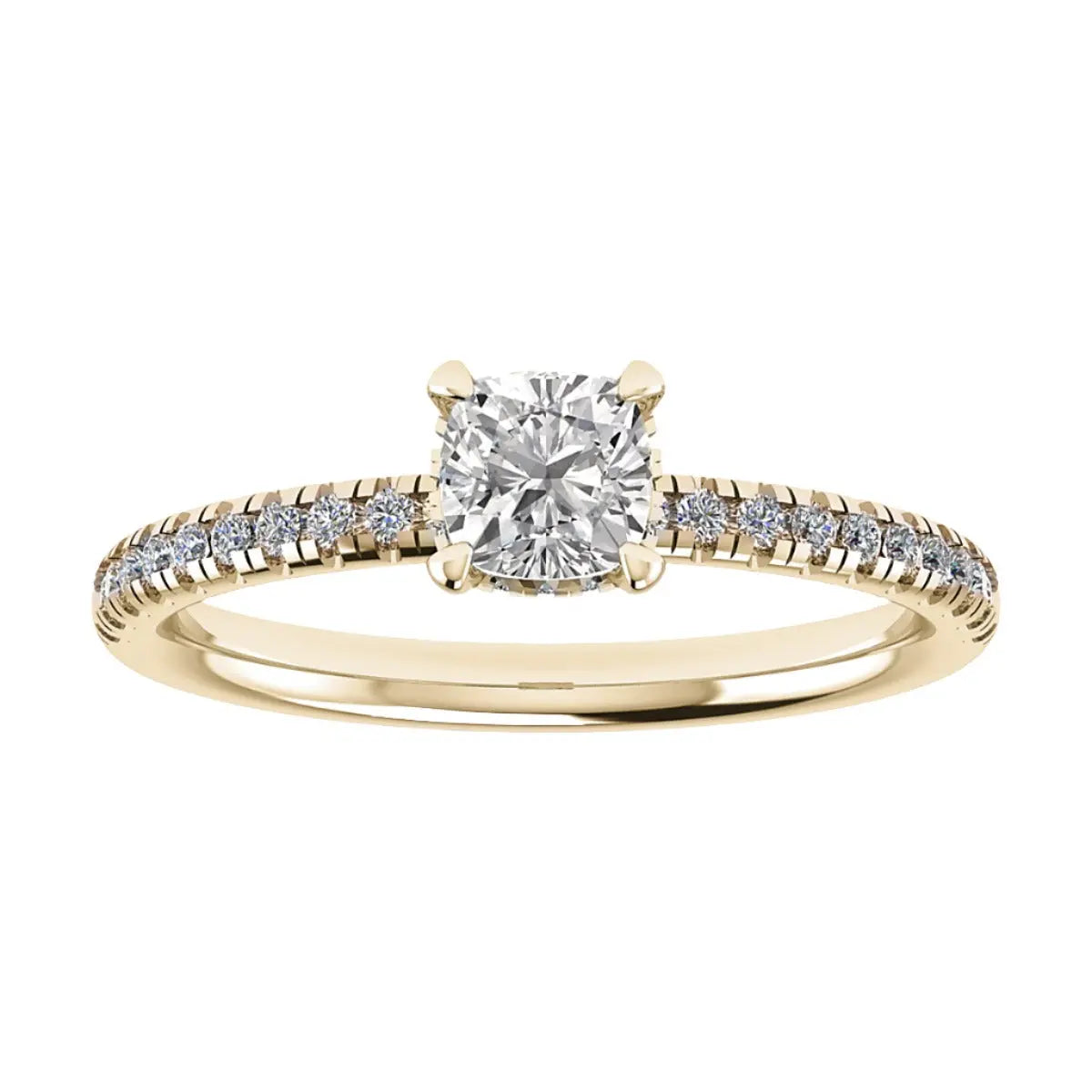 luxury cushion yellow gold diamond set shoulders hidden halo lab grown diamond engagement ring