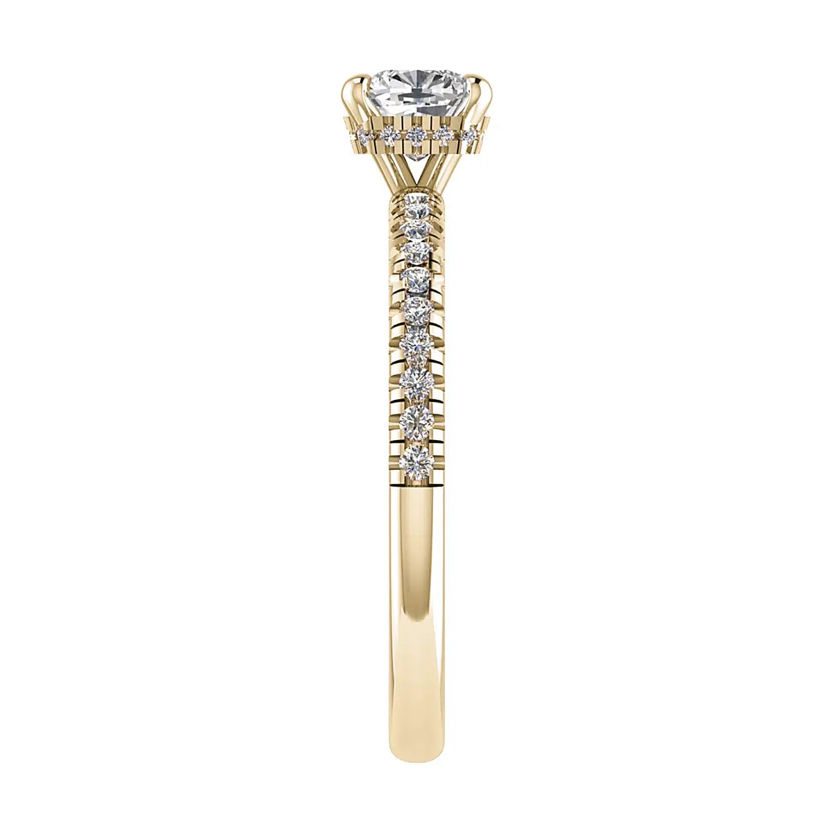 image of luxury cushion yellow gold diamond set shoulders hidden halo lab grown diamond engagement ring