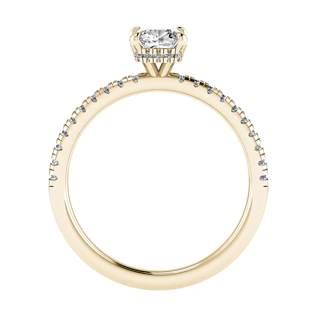 image of luxury cushion yellow gold diamond set shoulders hidden halo lab grown diamond engagement ring