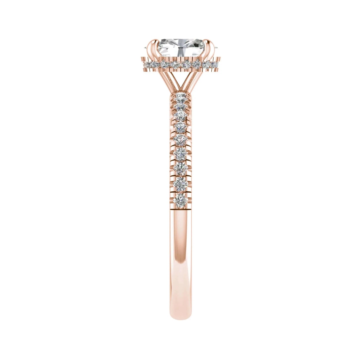 side angle luxury oval rose gold diamond set shoulders hidden halo lab grown diamond engagement ring