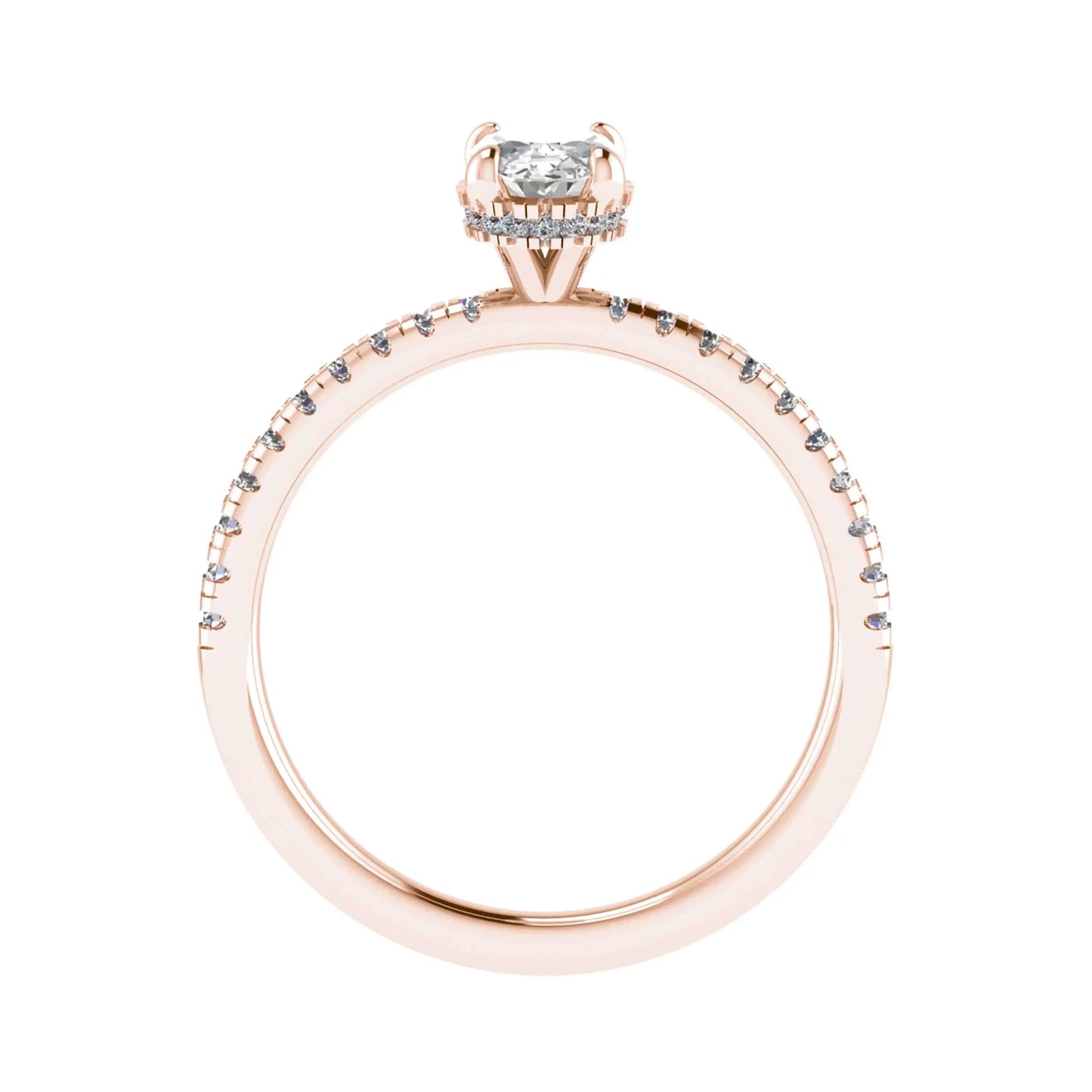 side angle luxury oval rose gold diamond set shoulders hidden halo lab grown diamond engagement ring