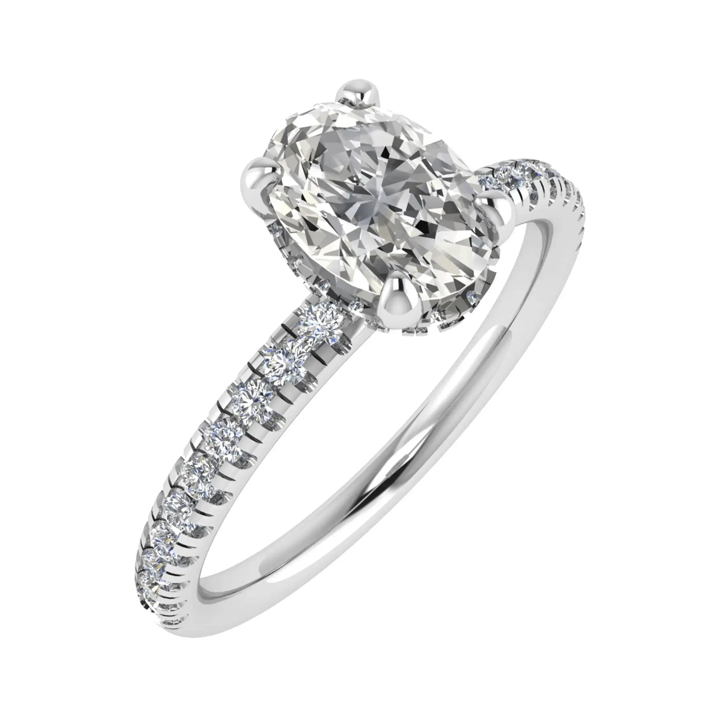 side image luxury oval platinum diamond set shoulders hidden halo lab grown diamond engagement ring