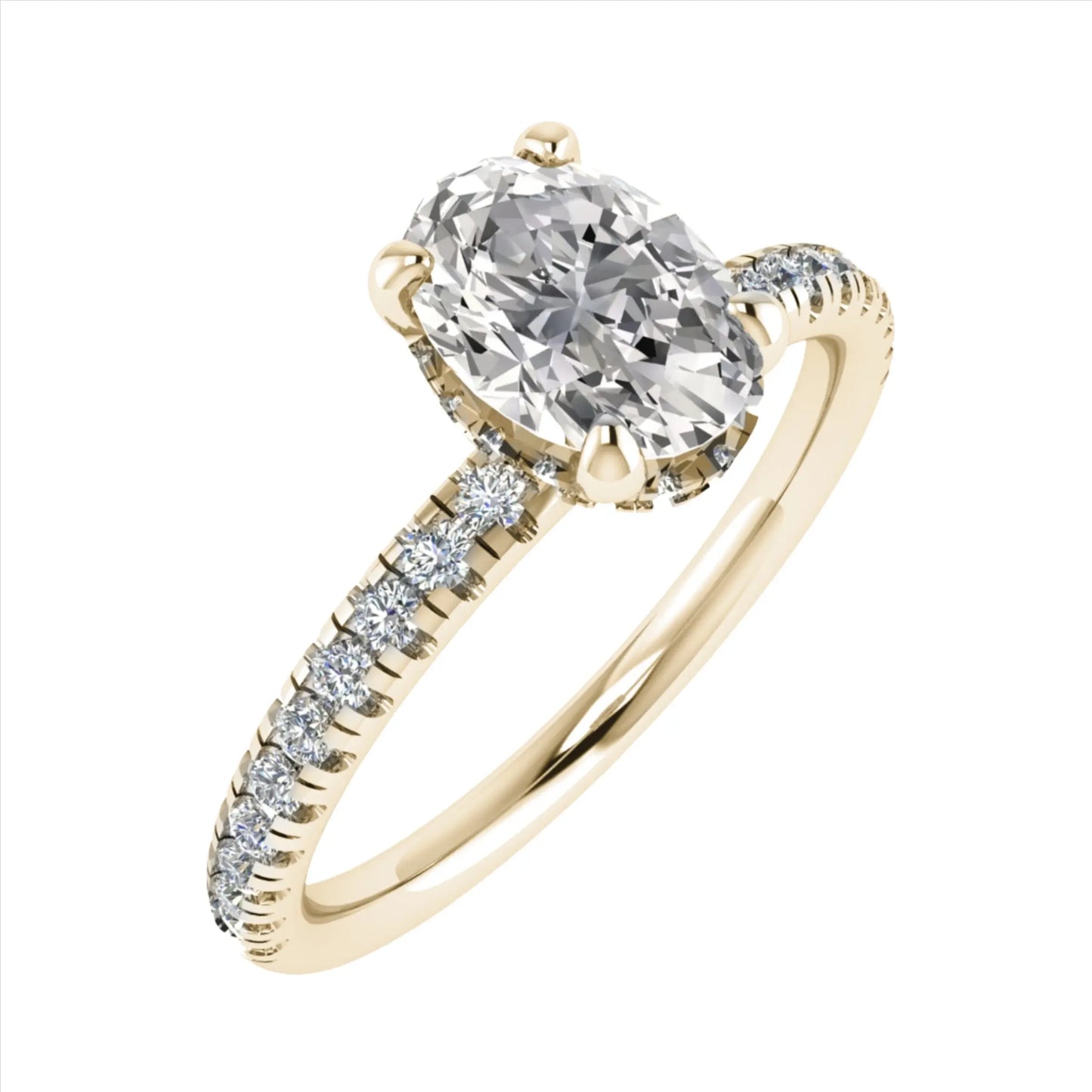 side image luxury oval yellow gold diamond set shoulders hidden halo lab grown diamond engagement ring