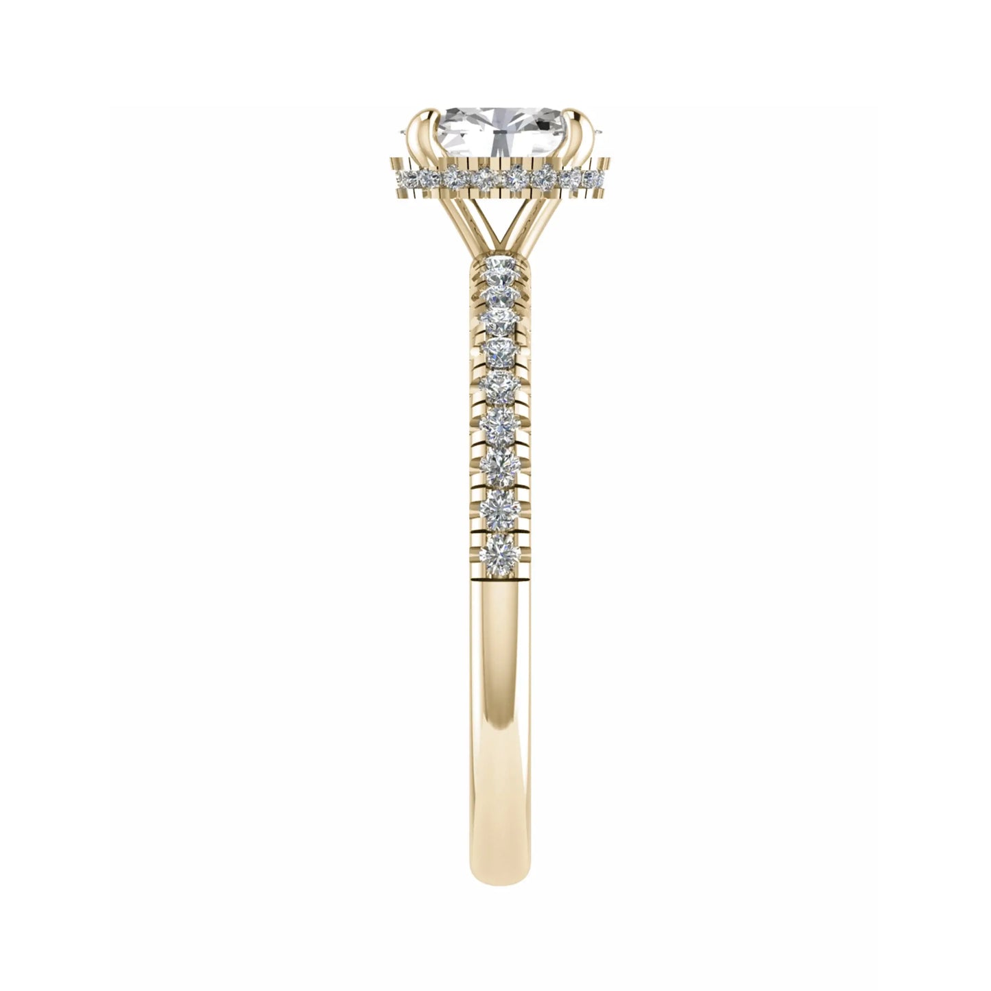 side angle luxury oval yellow gold diamond set shoulders hidden halo lab grown diamond engagement ring