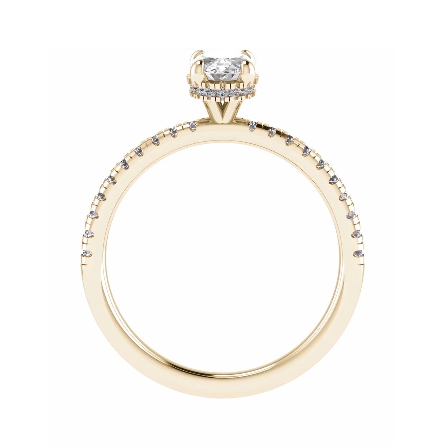 side image in studio of luxury oval yellow gold diamond set shoulders hidden halo lab grown diamond engagement ring