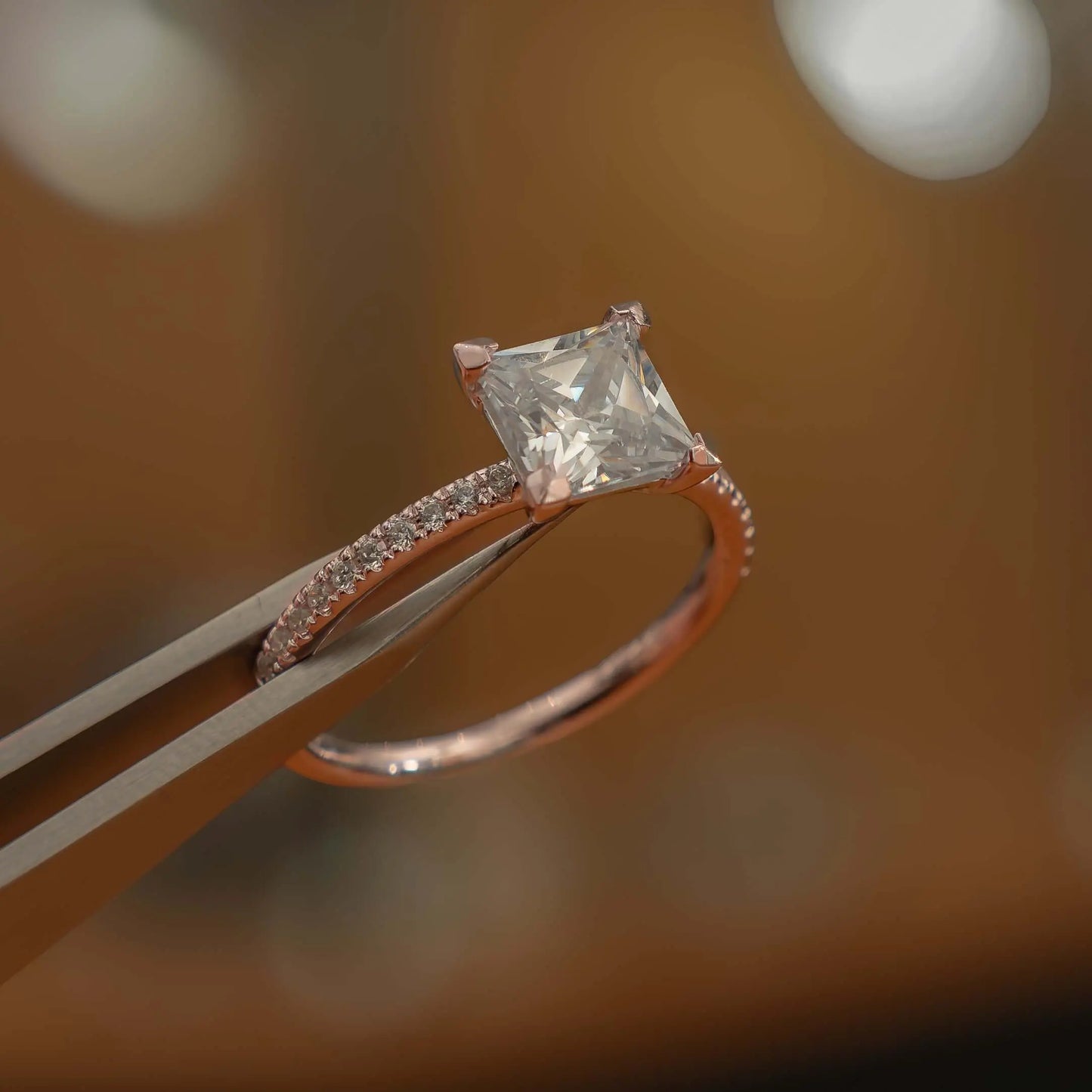 frontal studio image princess rose gold diamond set shoulders lab grown diamond engagement ring