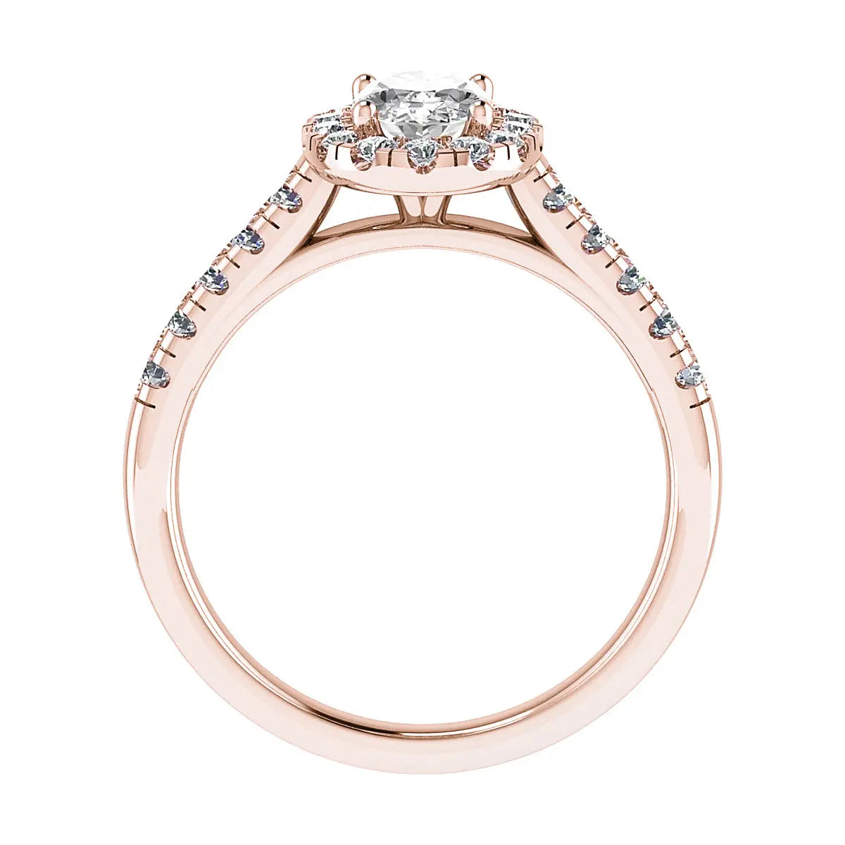 studio shot of luxury rose gold diamond set shoulders halo lab grown diamond engagement ring