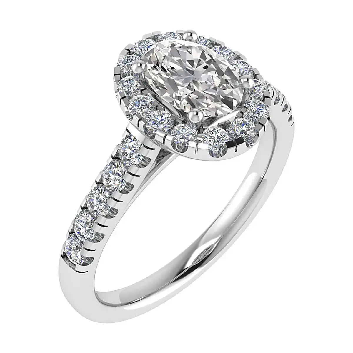 luxury oval white gold diamond set shoulders halo lab grown diamond engagement ring frontal side image