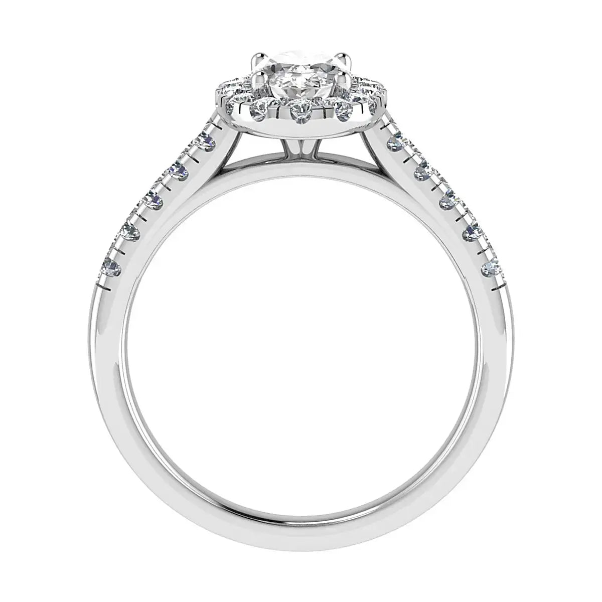 side image of luxury oval white gold diamond set shoulders halo lab grown diamond engagement ring