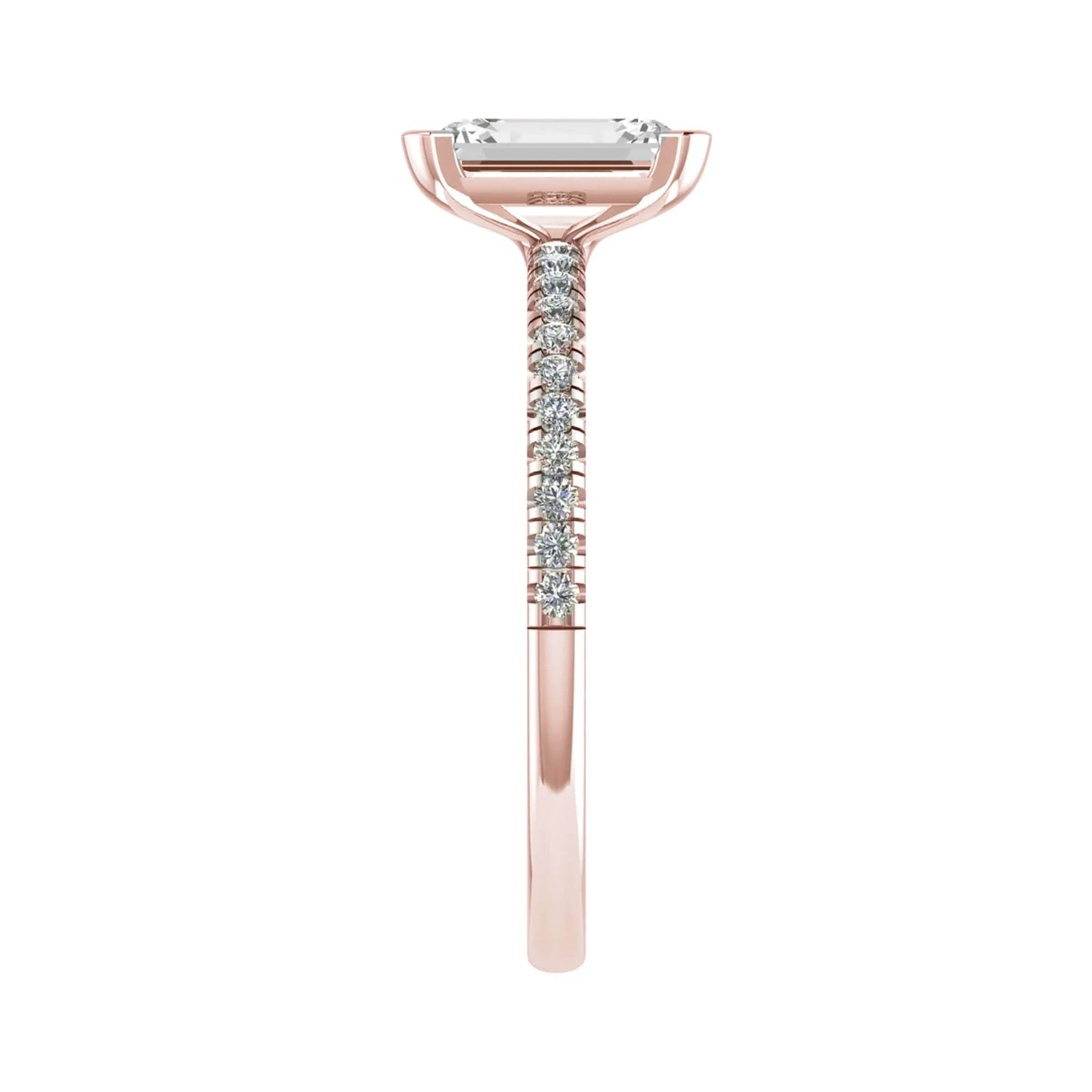 side view of luxury emerald rose gold diamond set shoulders lab grown diamond engagement ring
