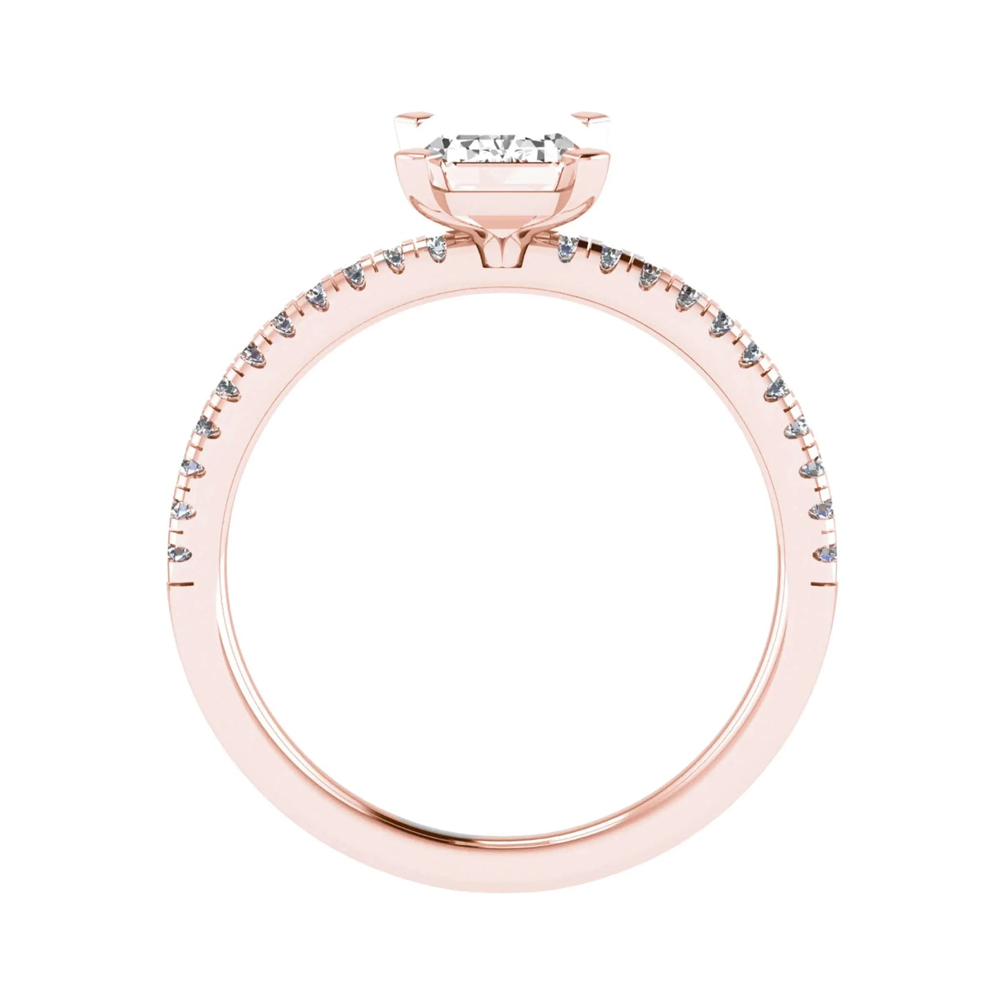 side view of luxury emerald rose gold diamond set shoulders lab grown diamond engagement ring