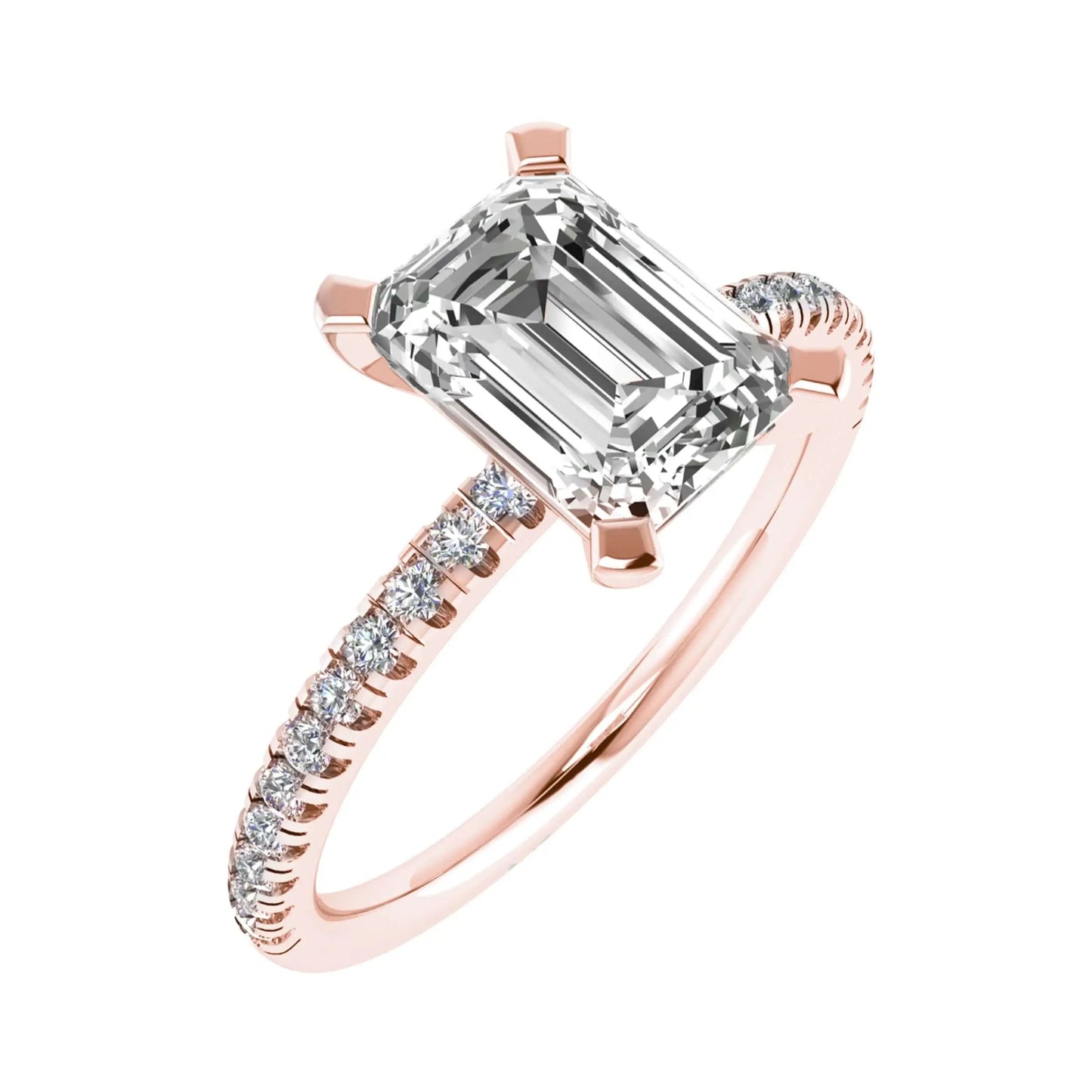 frontal side image of emerald rose gold diamond set shoulders lab grown diamond engagement ring