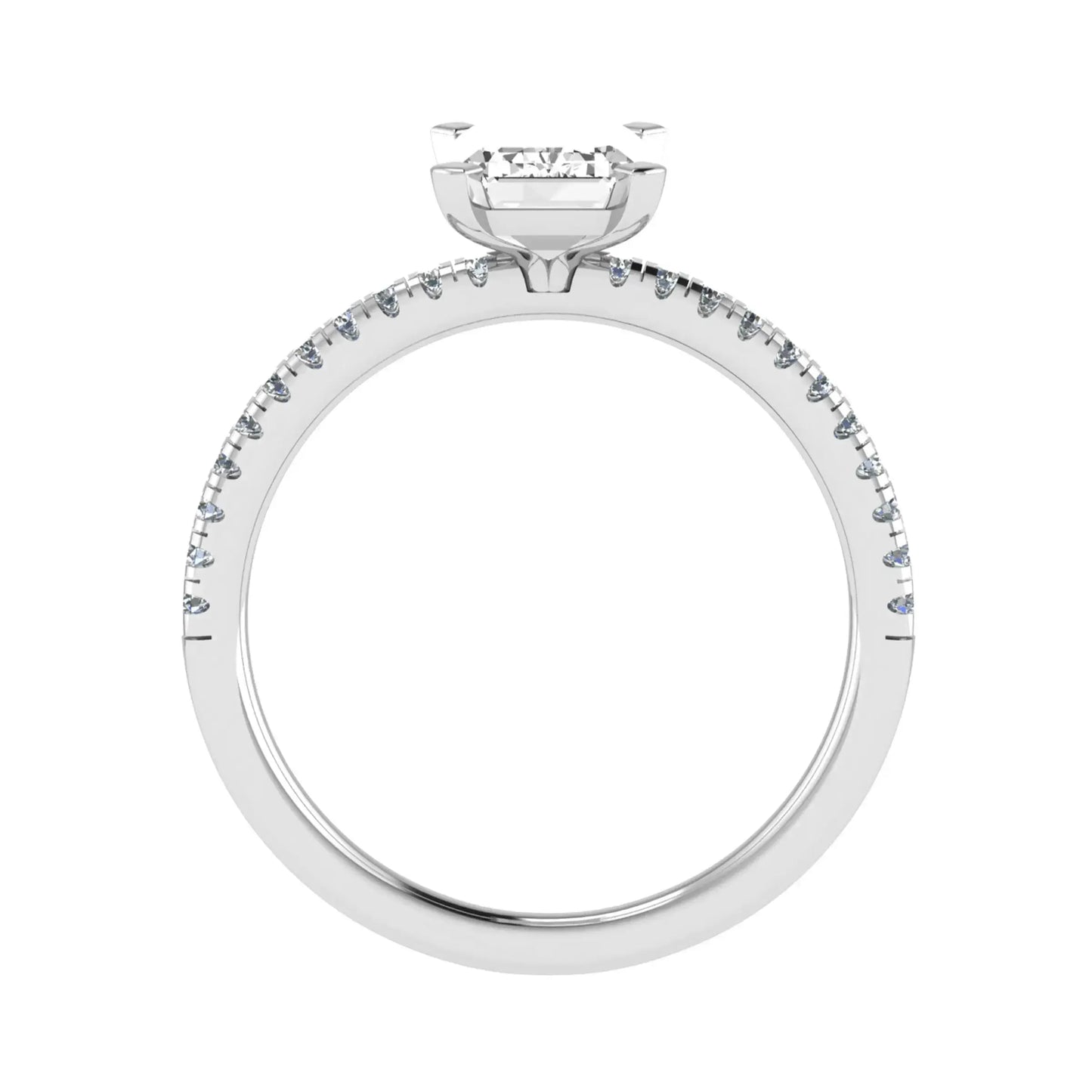 side view of luxury emerald platinum diamond set shoulders lab grown diamond engagement ring