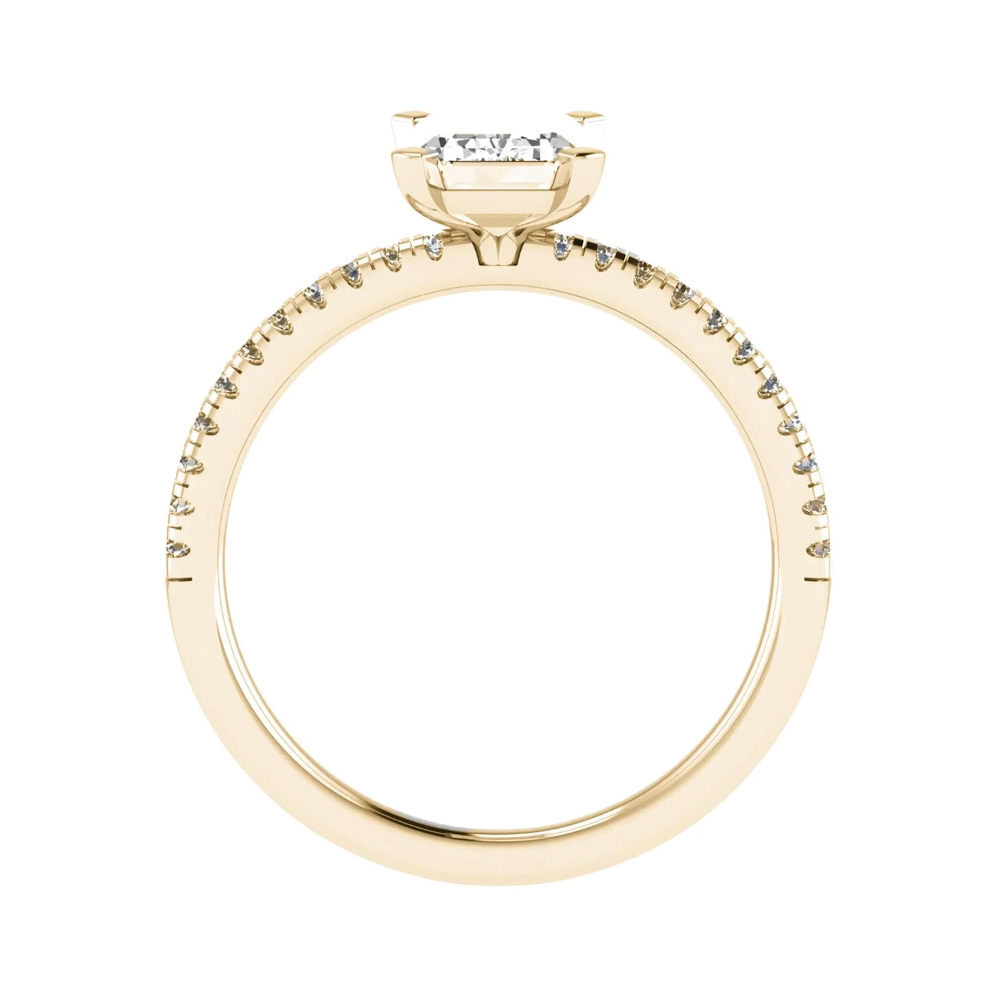 side view of luxury emerald yellow gold diamond set shoulders lab grown diamond engagement ring