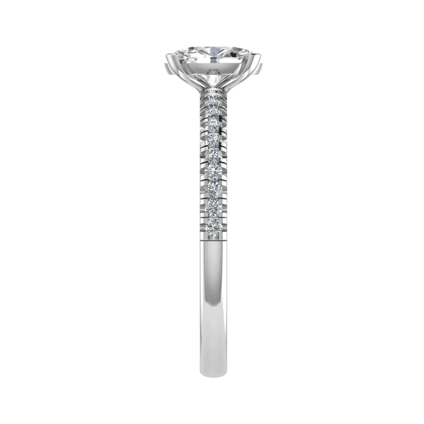 side angle of luxury oval platinum diamond set shoulders lab grown diamond engagement ring