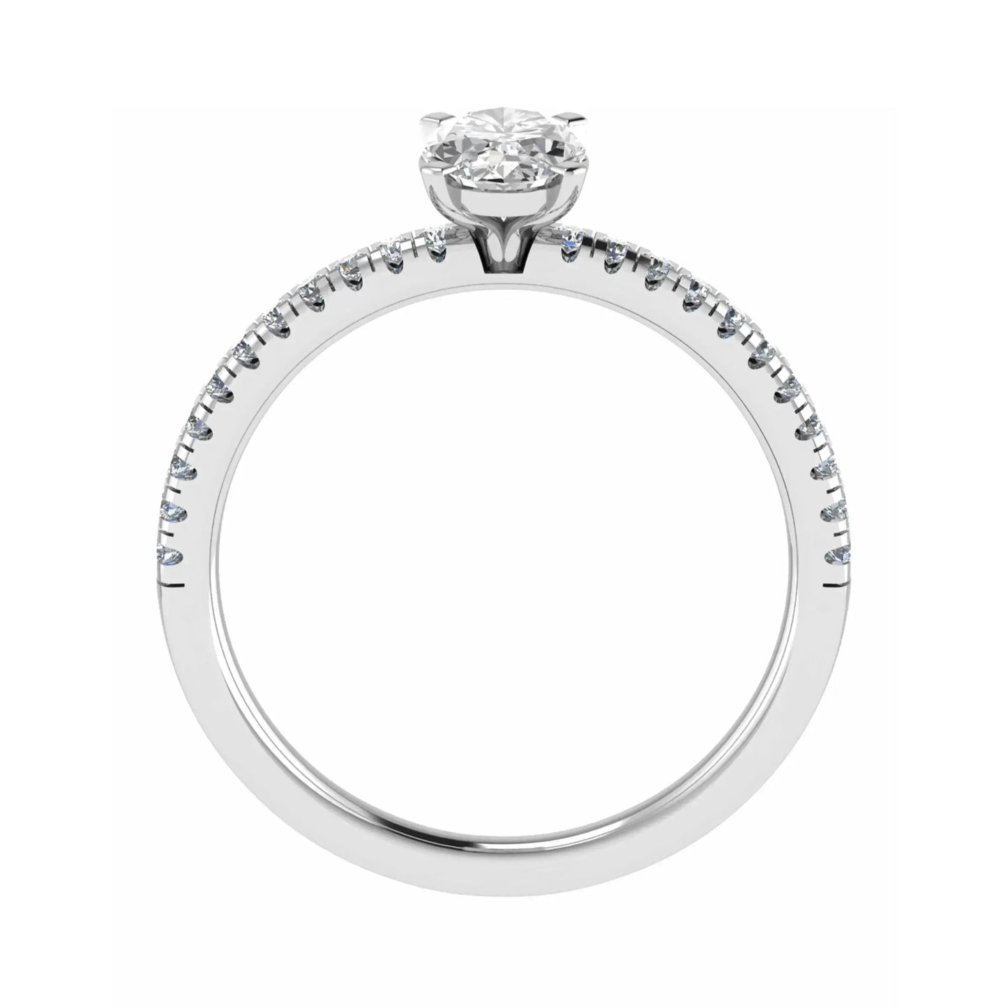 side view of luxury oval platinum diamond set shoulders lab grown diamond engagement ring
