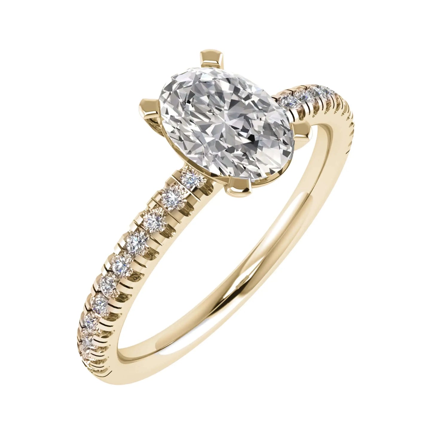 frontal side view oval yellow gold diamond set shoulders lab grown diamond engagement ring