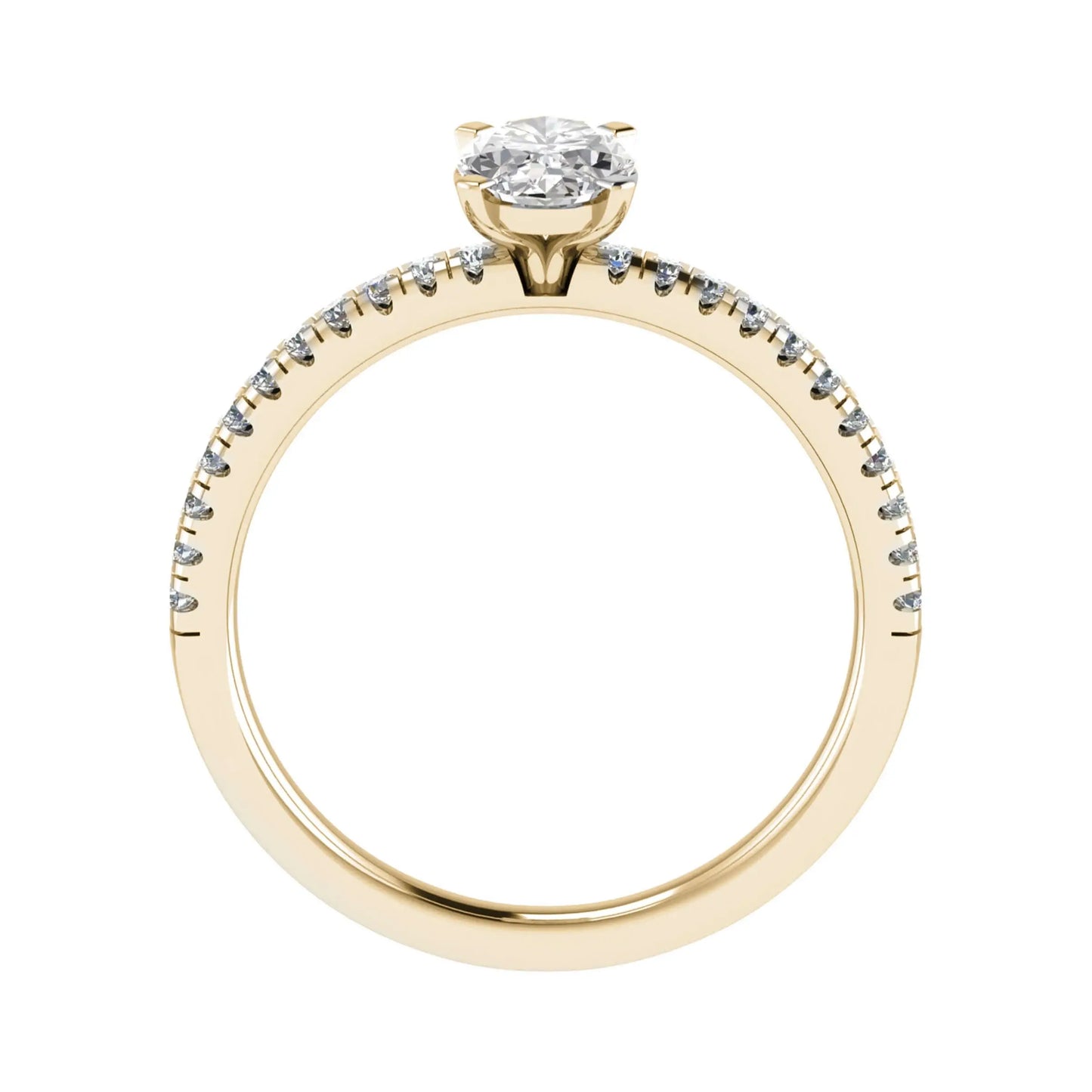 side shot oval yellow gold diamond set shoulders lab grown diamond engagement ring