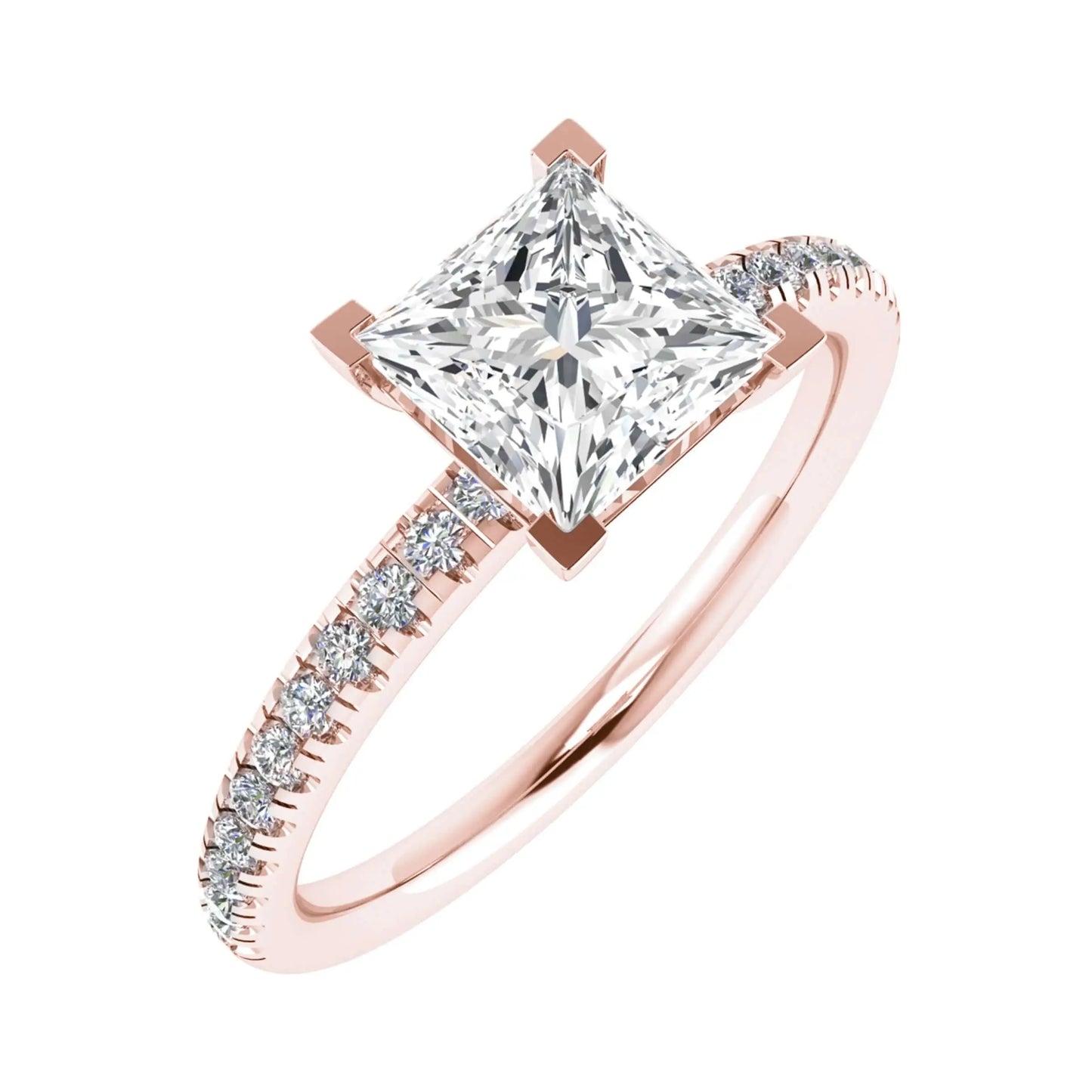 frontal side image of princess rose gold diamond set shoulders lab grown diamond engagement ring