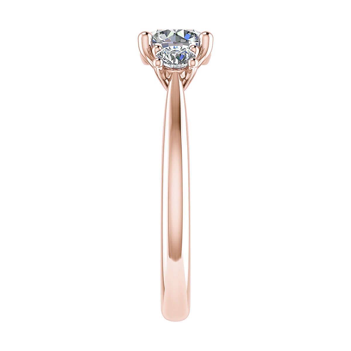 side angle luxury rose gold diamond trilogy round lab grown diamond engagement ring