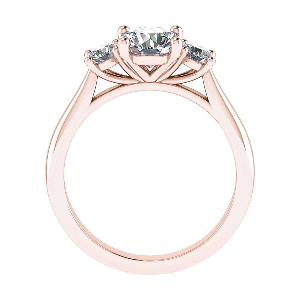 side view luxury rose gold diamond trilogy round lab grown diamond engagement ring