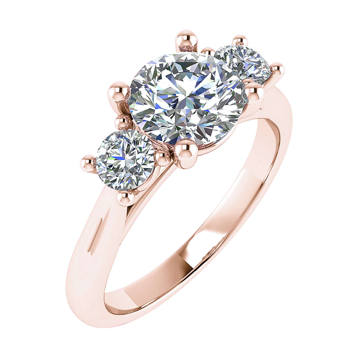 frontal view luxury round rose gold diamond trilogy lab grown diamond engagement ring