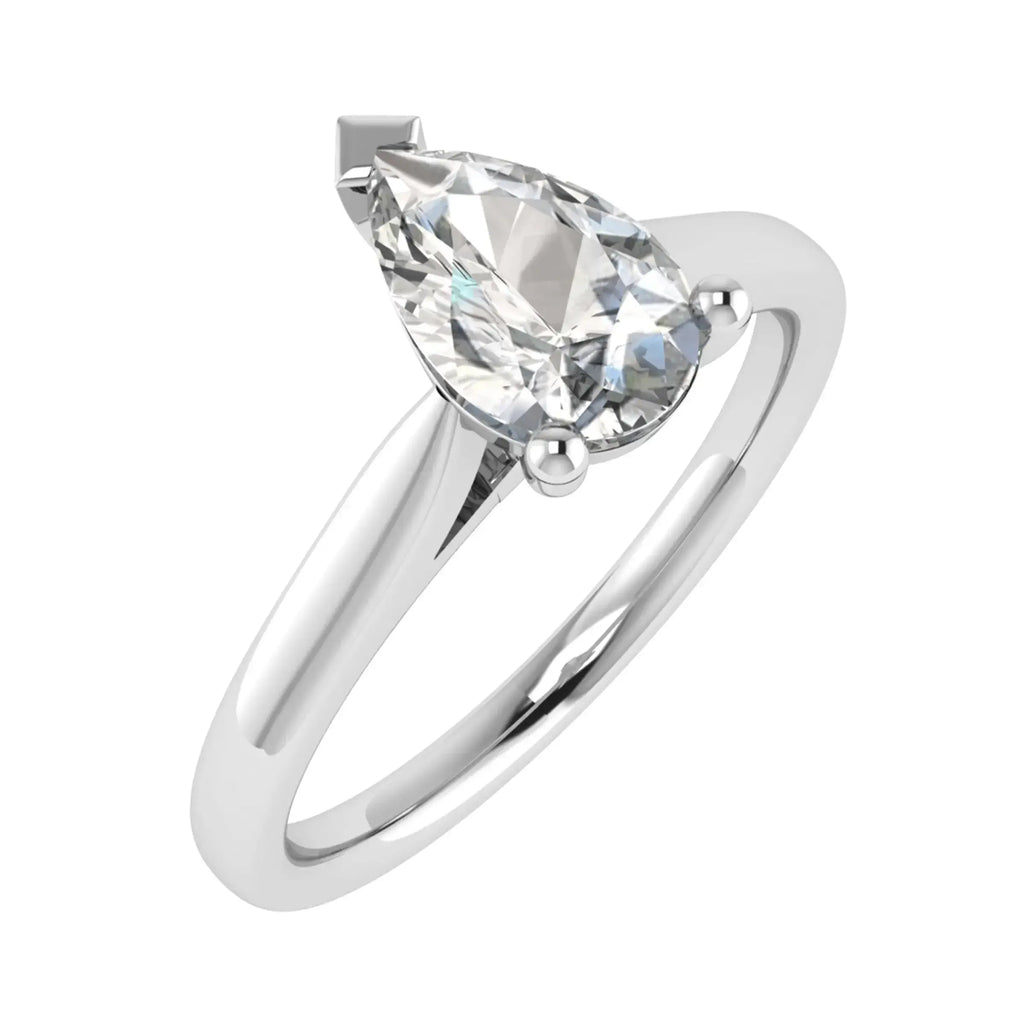 frontal side view of luxury pear platinum solitaire lab grown diamond engagement ring