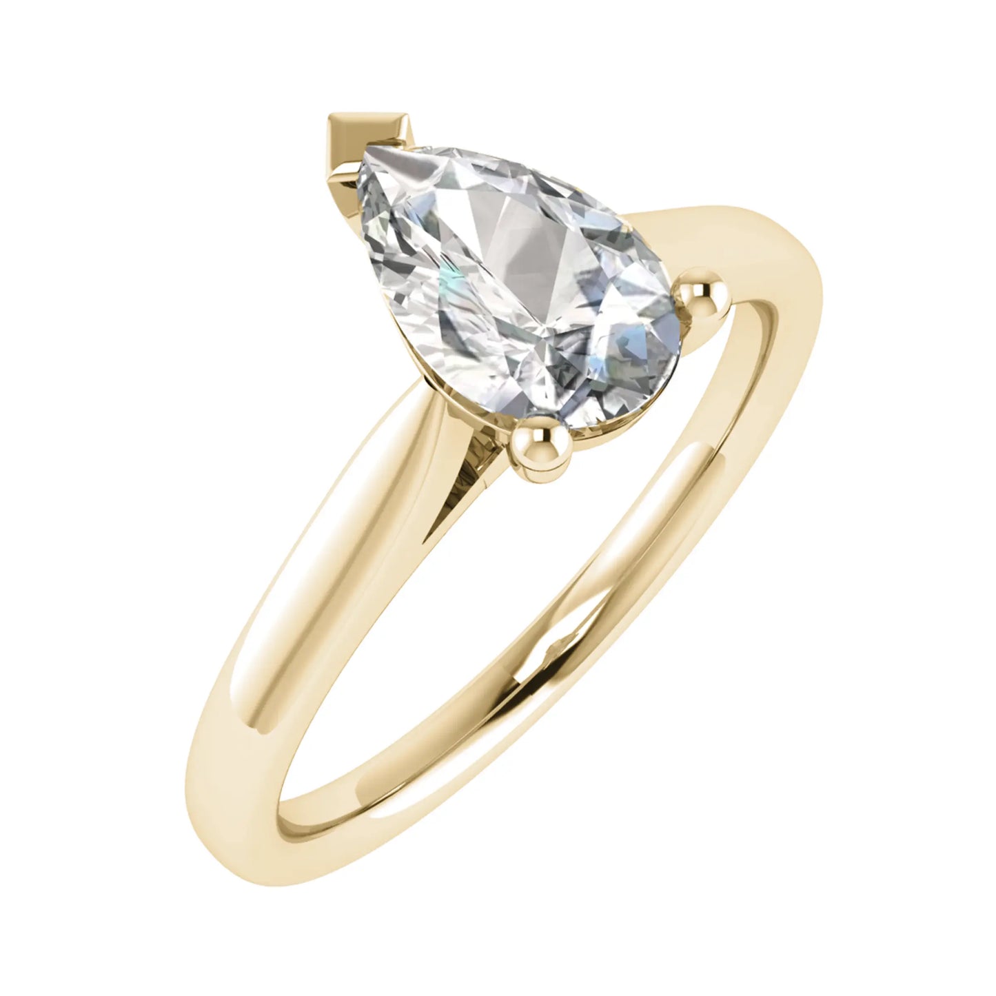 frontal side view of luxury pear yellow gold solitaire lab grown diamond engagement ring