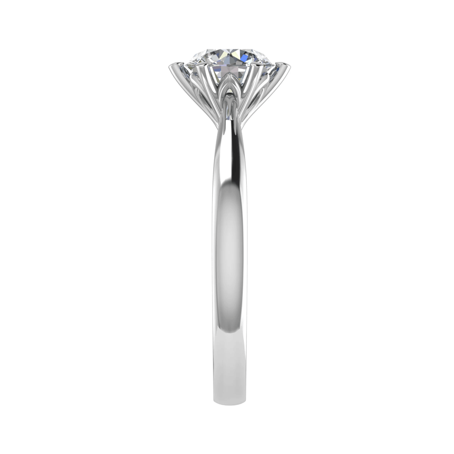 side view of white gold solitaire round lab grown diamond engagement ring in studio