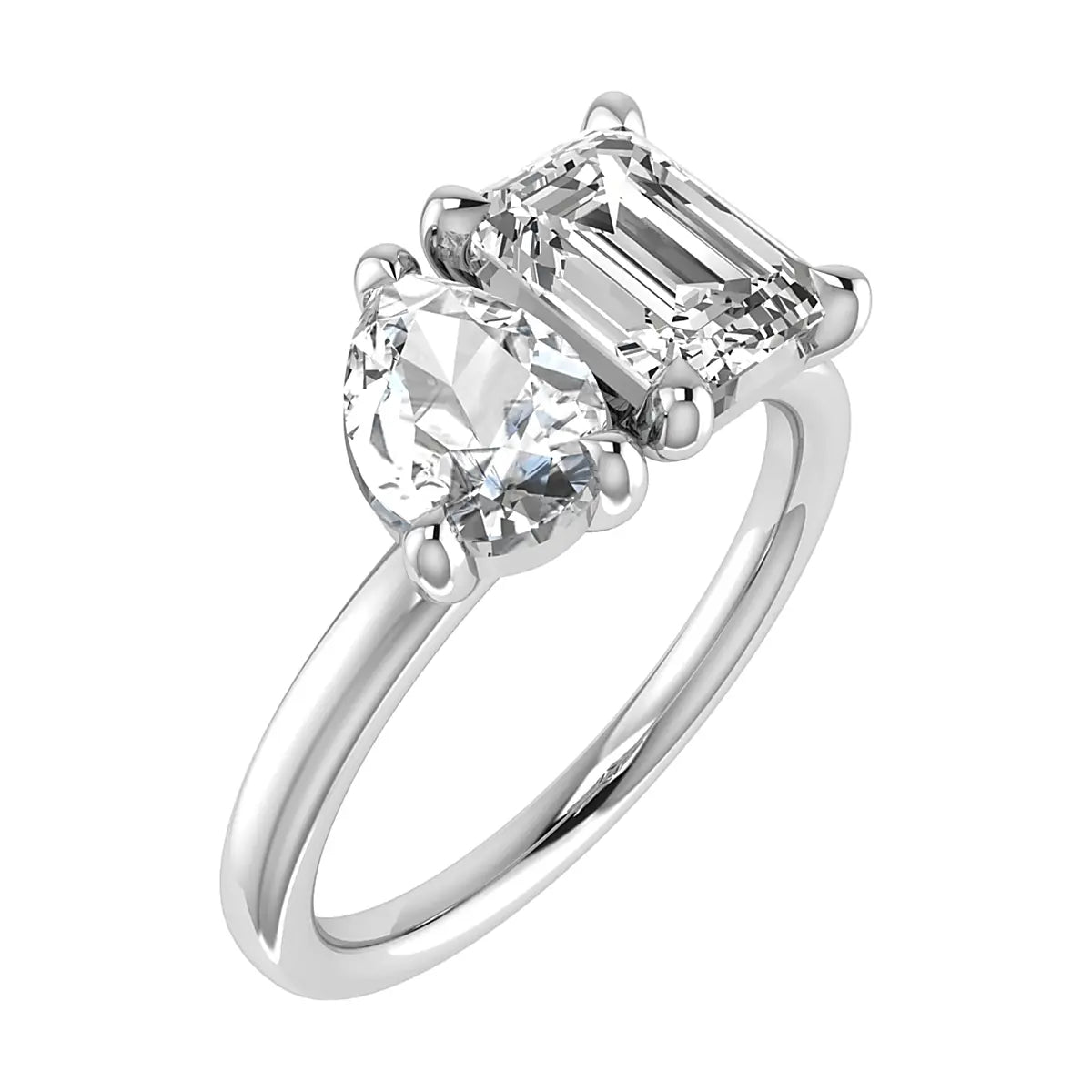 side view emerald and pear white gold lab grown diamond pair engagement ring