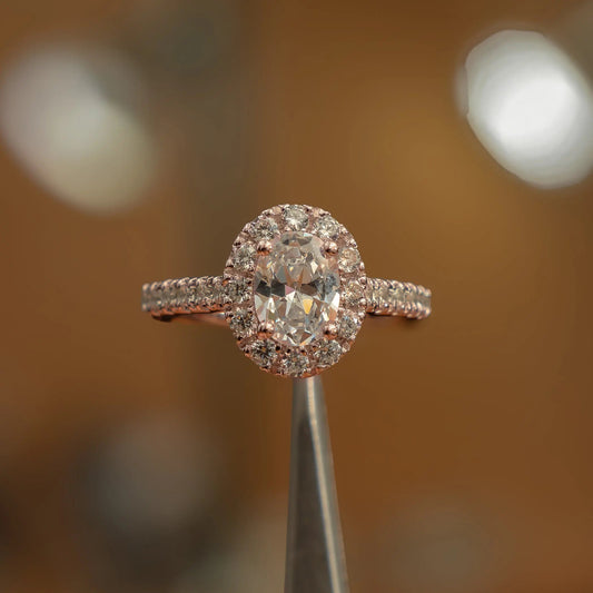 Oval Rose Gold Lab Grown Diamond Halo (Diamond set shoulders) - Lester & Brown