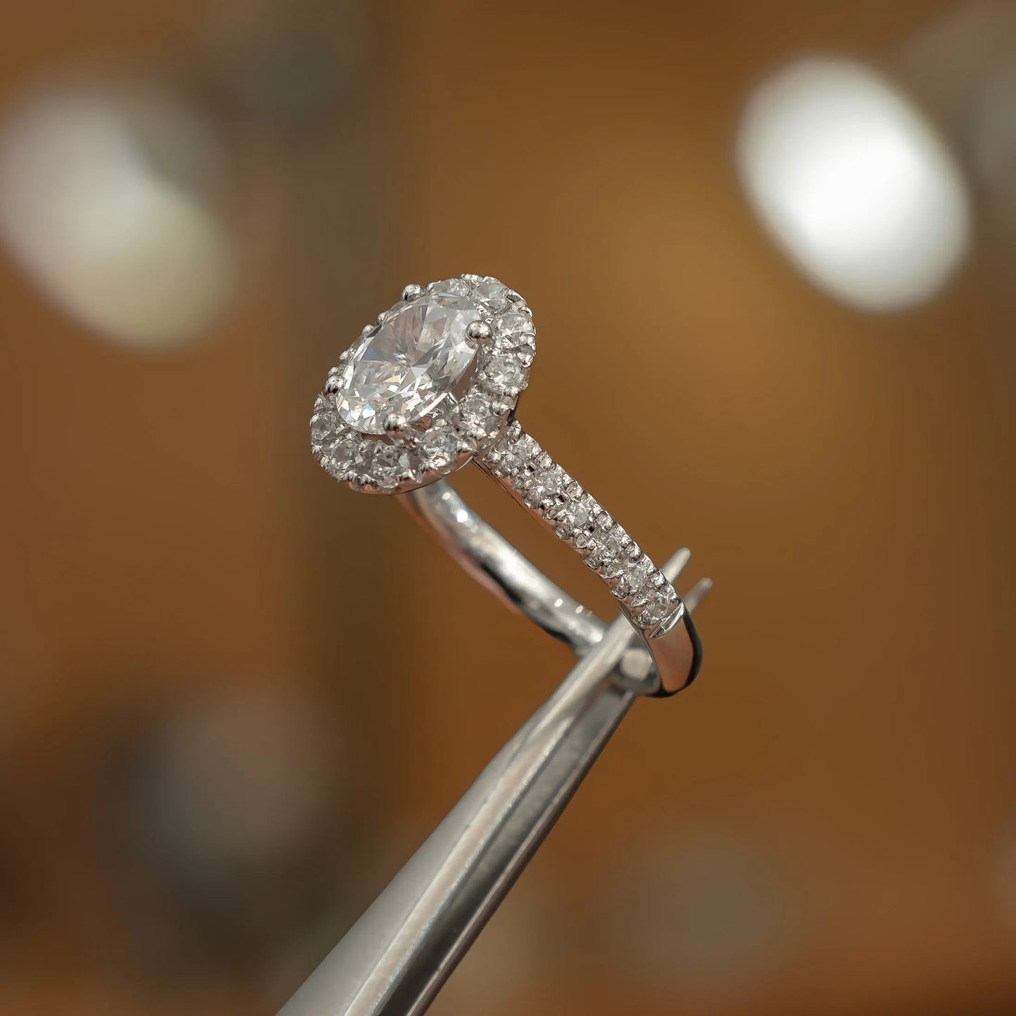 Oval White Gold Lab Grown Diamond Halo (Diamond set shoulders) - Lester & Brown