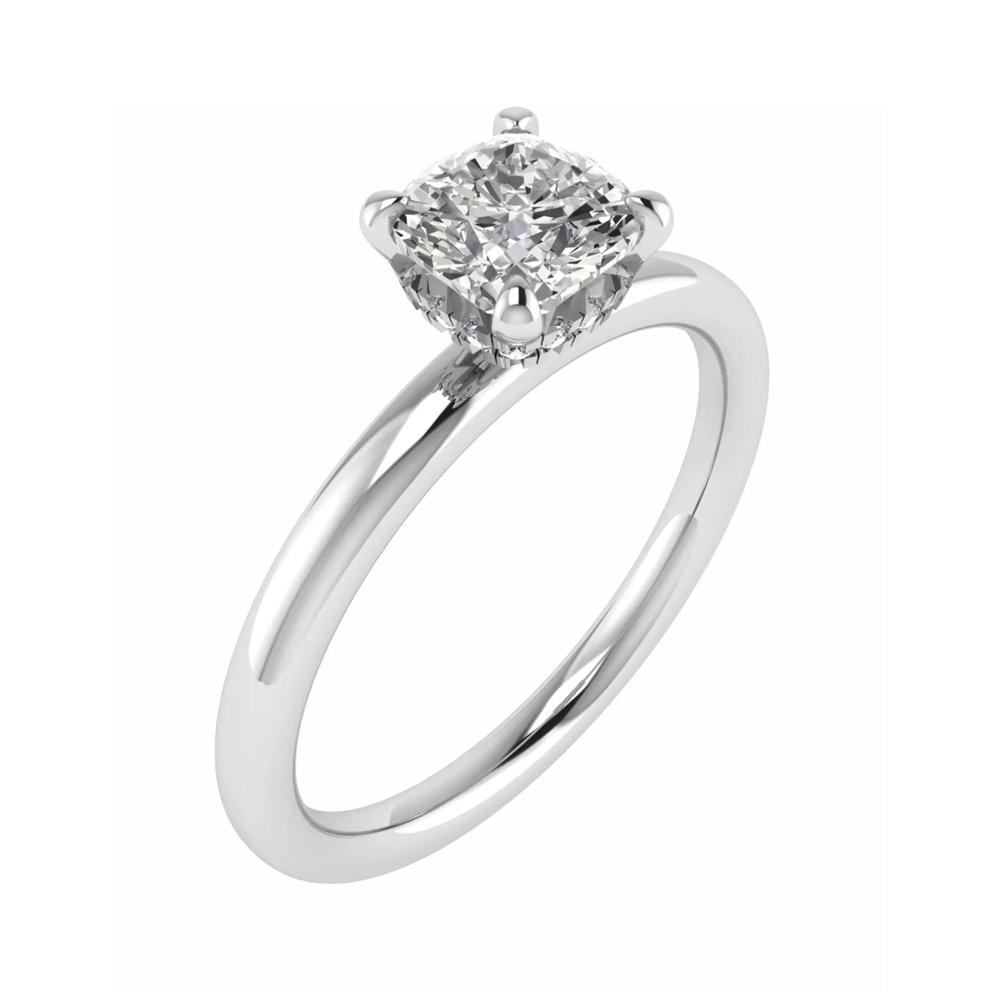 frontal image of luxury cushion platinum hidden halo solitaire lab grown diamond engagement ring