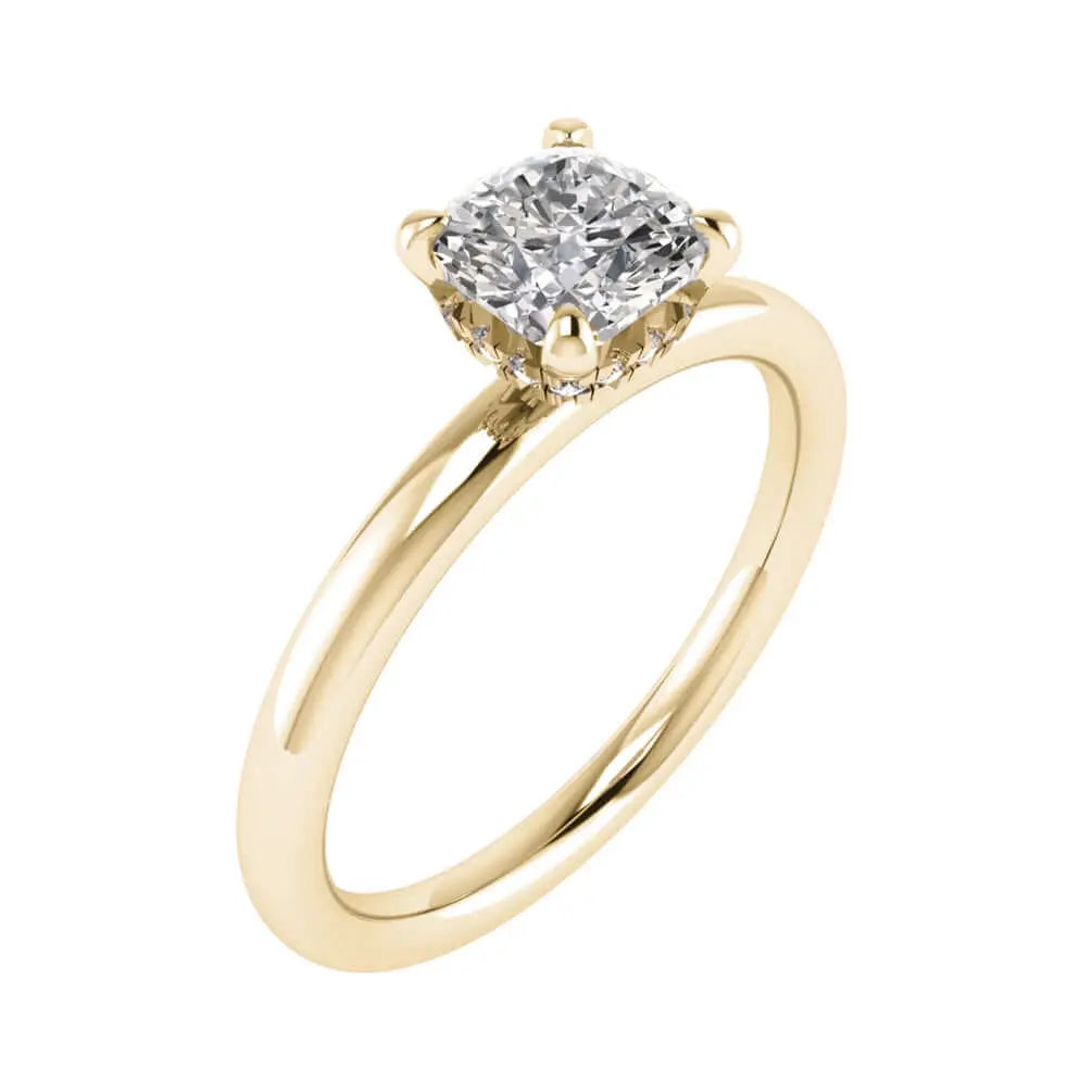 side image of luxury cushion yellow gold hidden halo solitaire lab grown diamond engagement ring