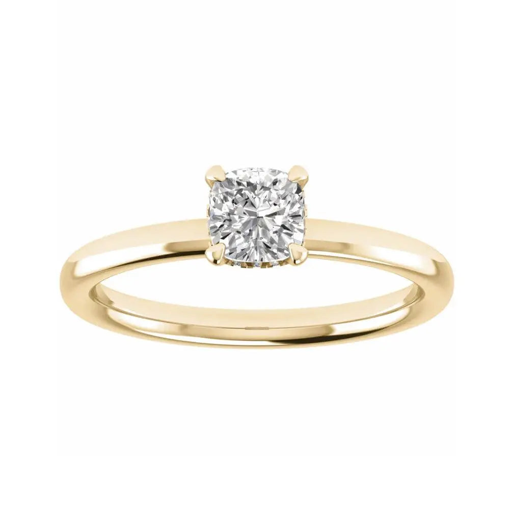 luxury cushion yellow gold hidden halo solitaire lab grown diamond engagement ring