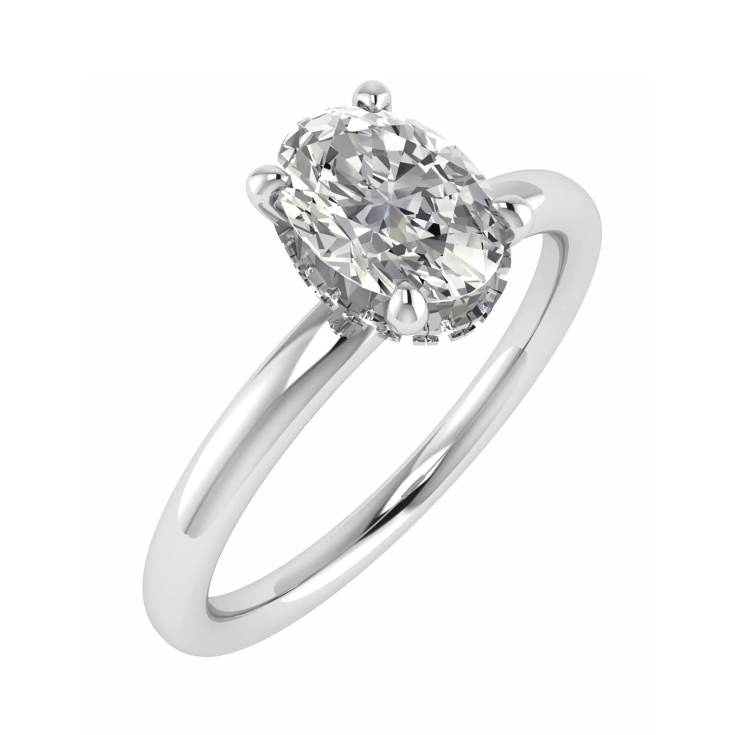 frontal view luxury oval white gold hidden halo oval lab grown diamond engagement ring