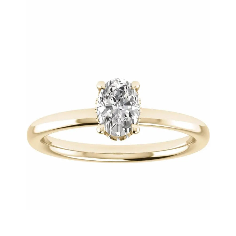 luxury oval yellow gold hidden halo lab grown diamond engagement ring