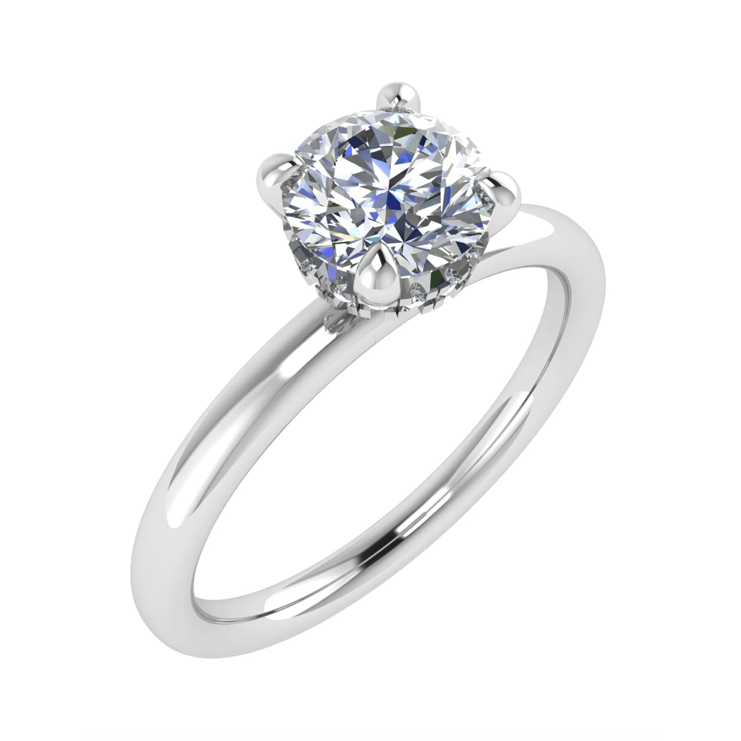 frontal view luxury round  platinum solitaire hidden halo lab grown diamond engagement ring