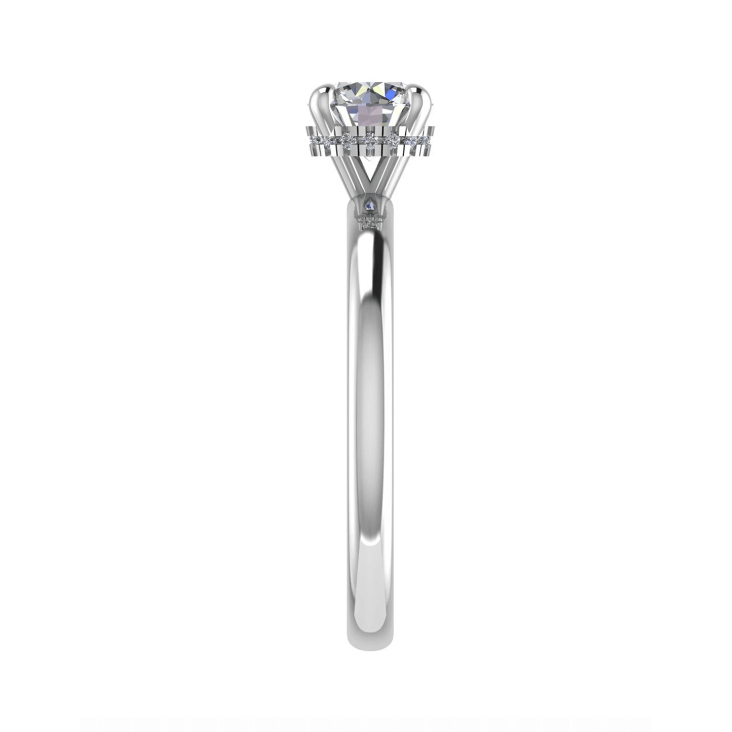 side angle luxury round lab grown diamond  platinum solitaire hidden halo trilogy engagement ring