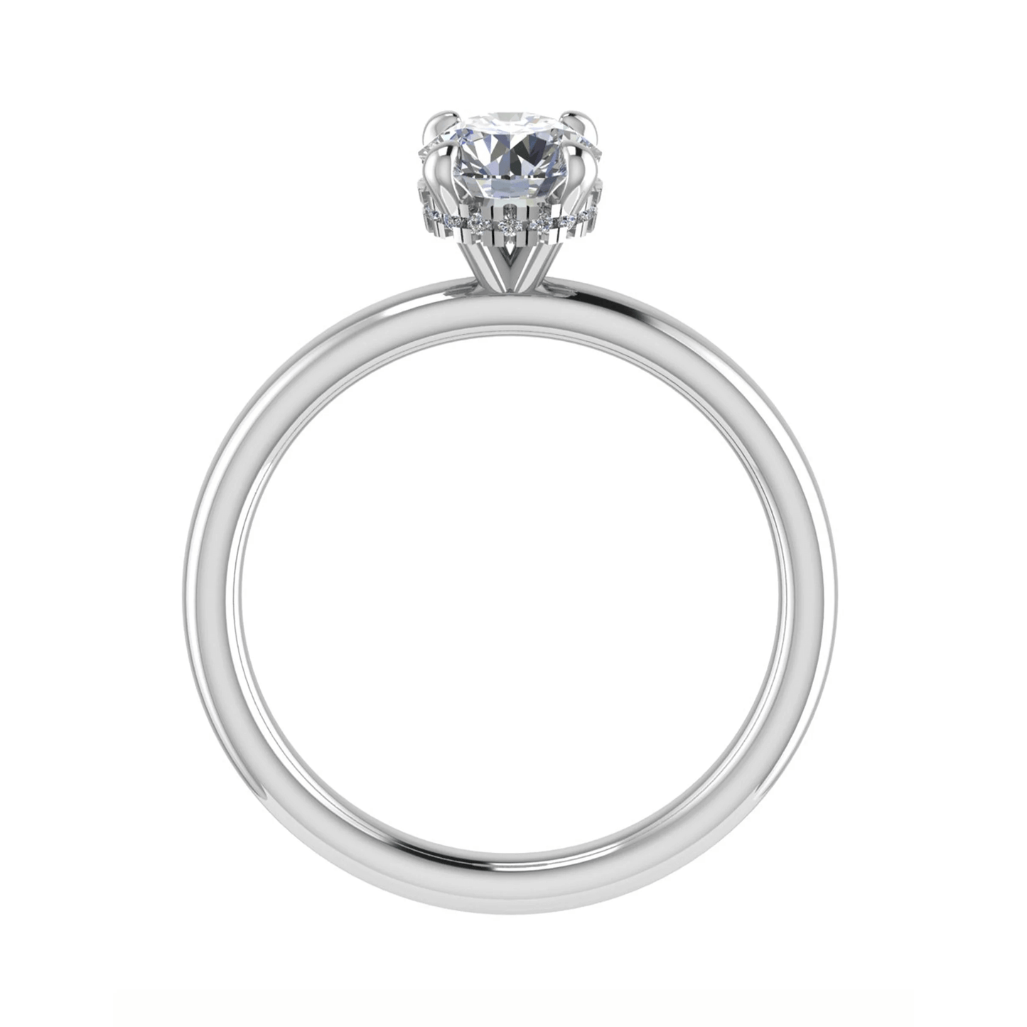 side view luxury round  platinum solitaire hidden halo lab grown diamond engagement ring