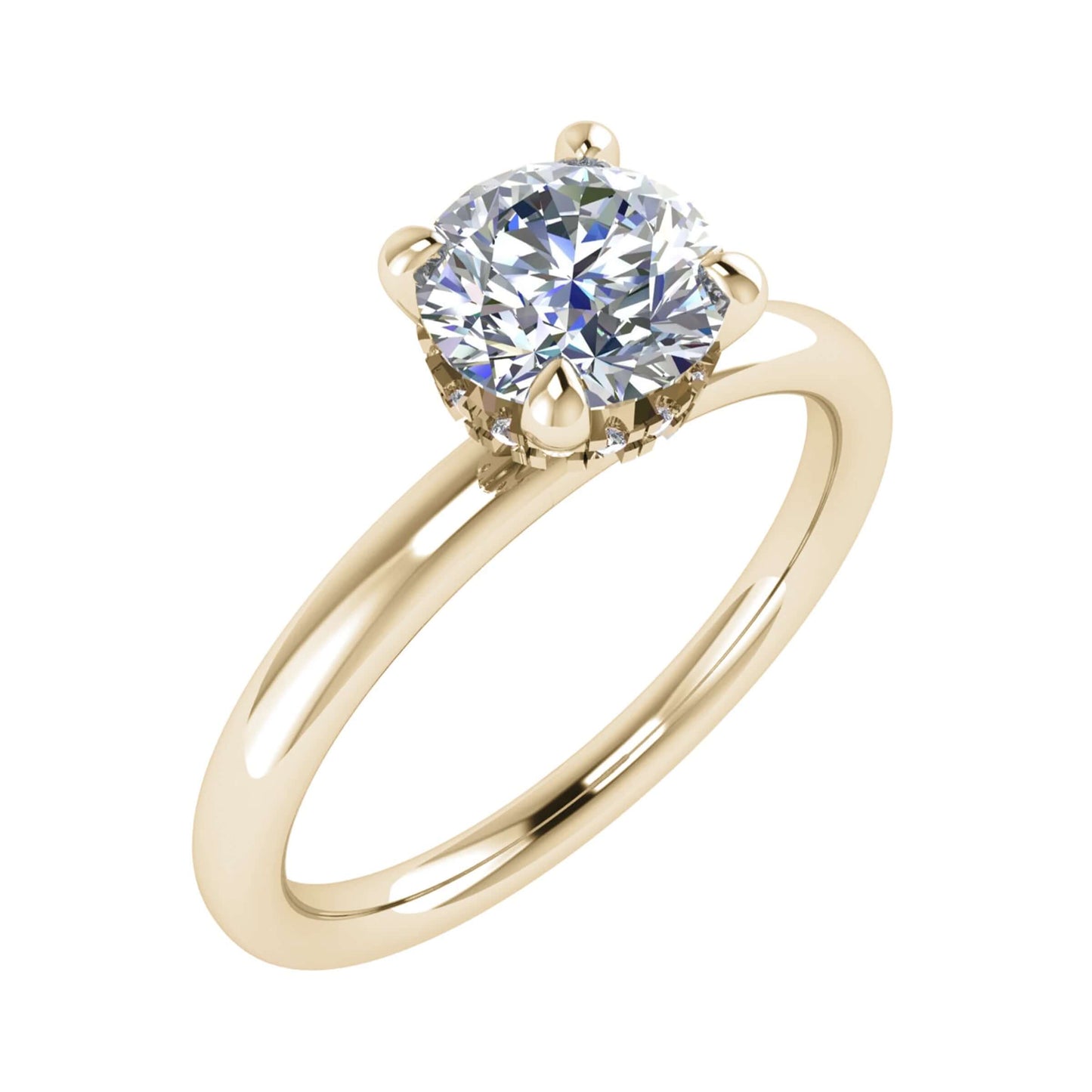 frontal view luxury round yellow gold solitaire hidden halo lab grown diamond engagement ring