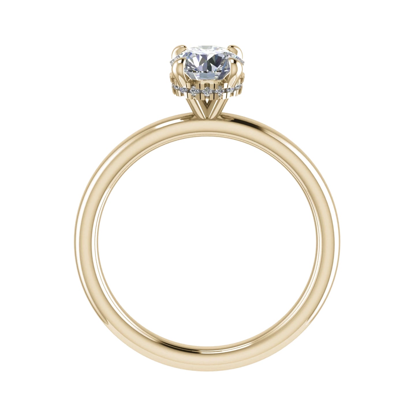 side view luxury round yellow gold solitaire hidden halo lab grown diamond engagement ring