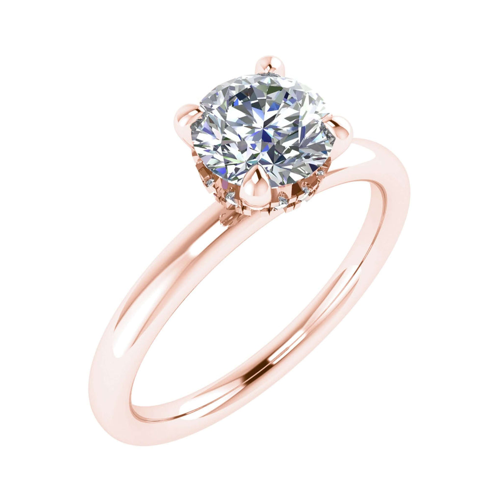 frontal view luxury round rose gold solitaire hidden halo lab grown diamond engagement ring